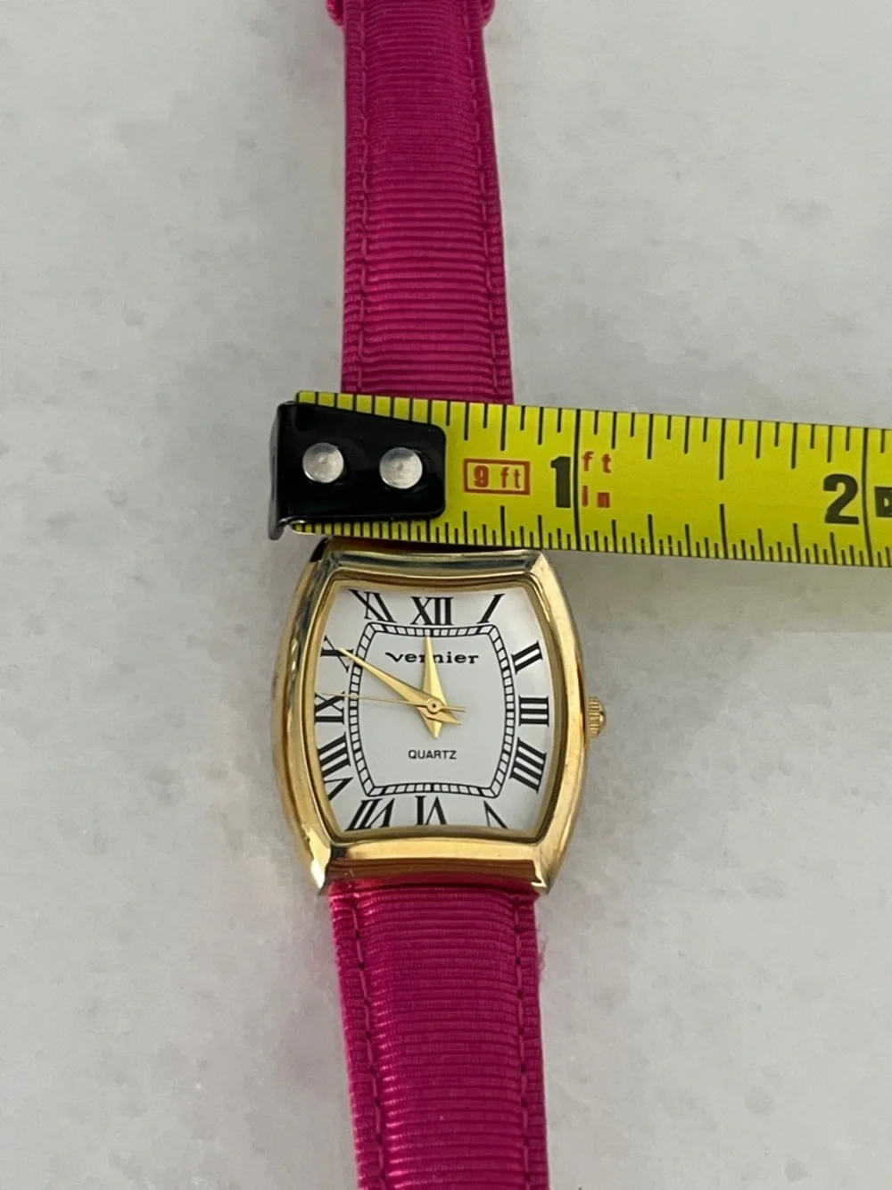 Vernier Gold-Tone Women’s Watch with Fuchsia Pink Grosgrain Strap
